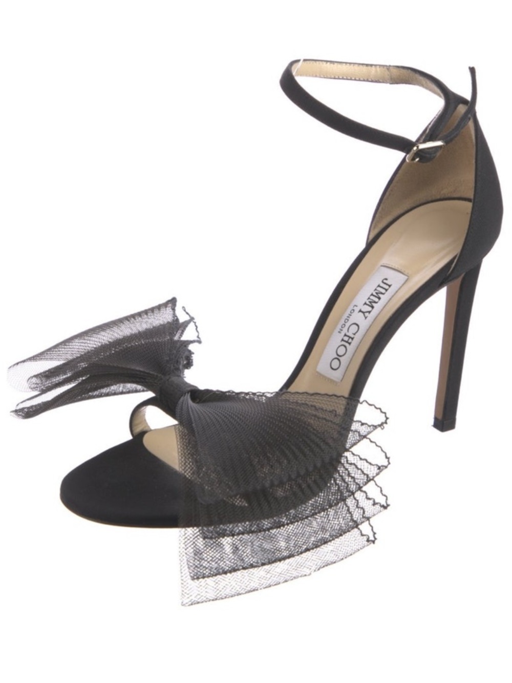 Jimmy Choo Black Tulle Bow Ankle-Strap Stiletto